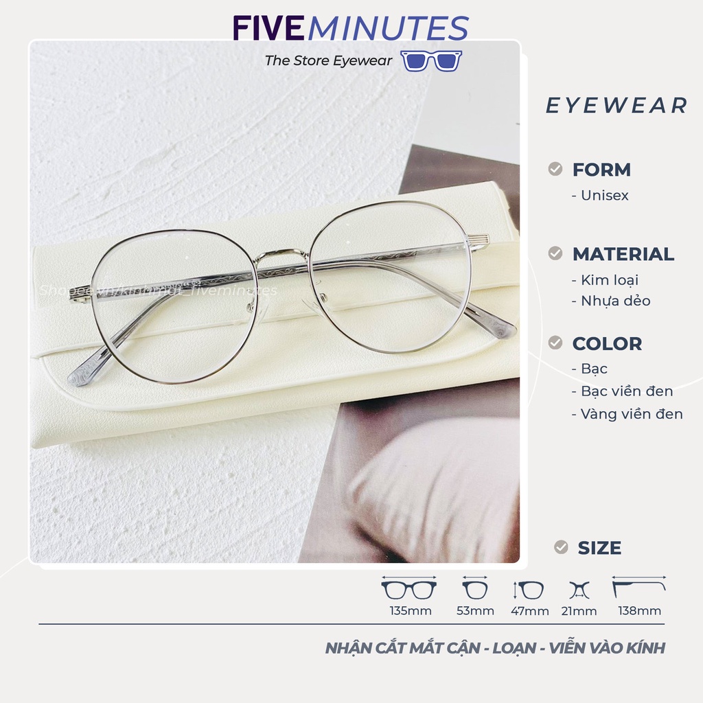 Gọng kính cận nam nữ, chất liệu kim loại viền chắc chắn cốt kim loại Fiveminutes Unisex Nam nữ