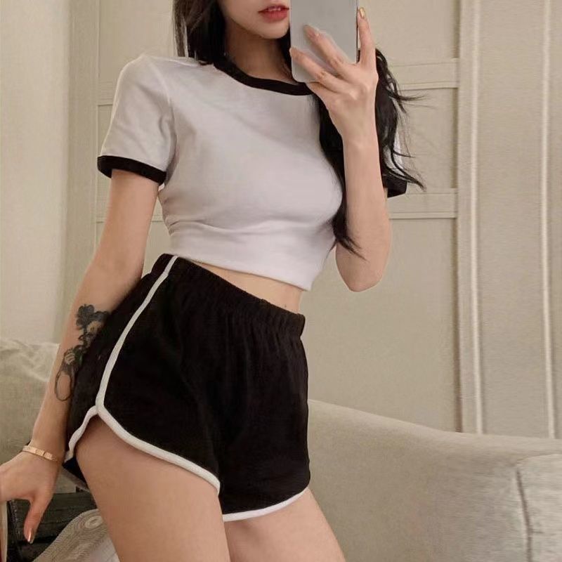 Jiashucheng Set Đồ Thể Thao Màu Sắc Tương Phản Gồm Áo Thun Tay Ngắn + Quần Short Thời Trang Mùa Hè Cho Nữ