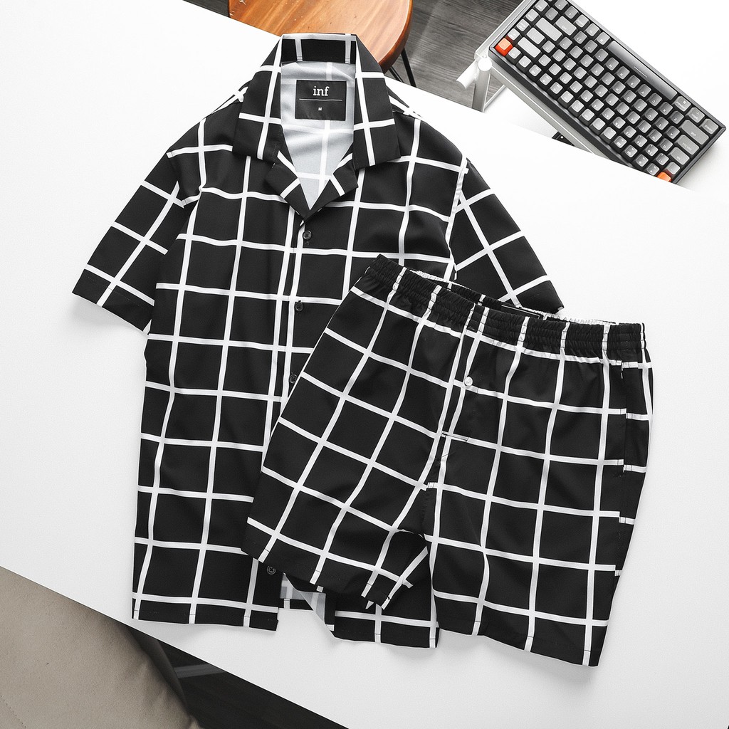 Set Bộ Nam, Sơ Mi-Quần Đùi Đen Sọc Thời Trang Cao Cấp, Chất Vải Cotton Lụa, INF SB000763, SOMEHOW