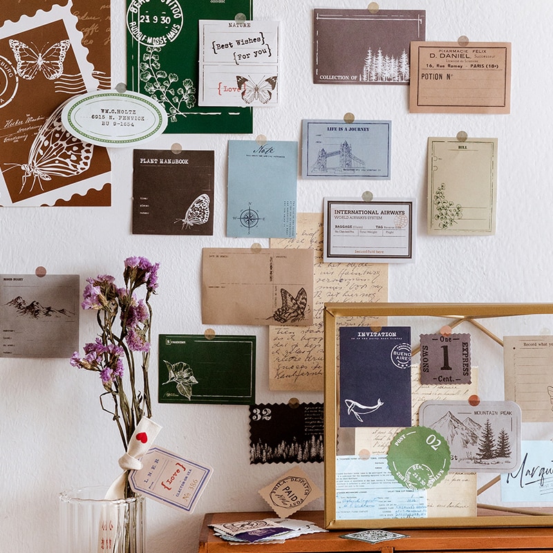 Set 40 giấy kraft ghi chú có keo dán thiết kế tem vintage trang trí thẻ LOMO đa dụng