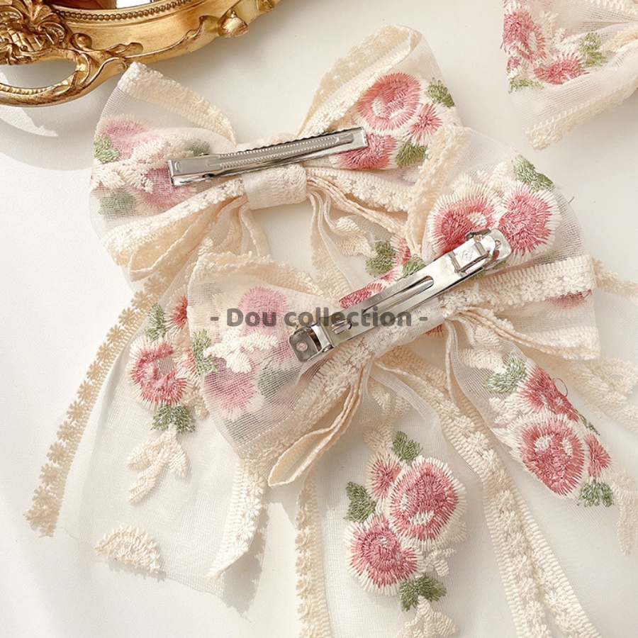 [NowShip2h] Kẹp Tóc Nơ Ren Họa Tiết Hoa Thêu Cao Cấp Tiểu Thư HANDMADE  - Mã KT017
