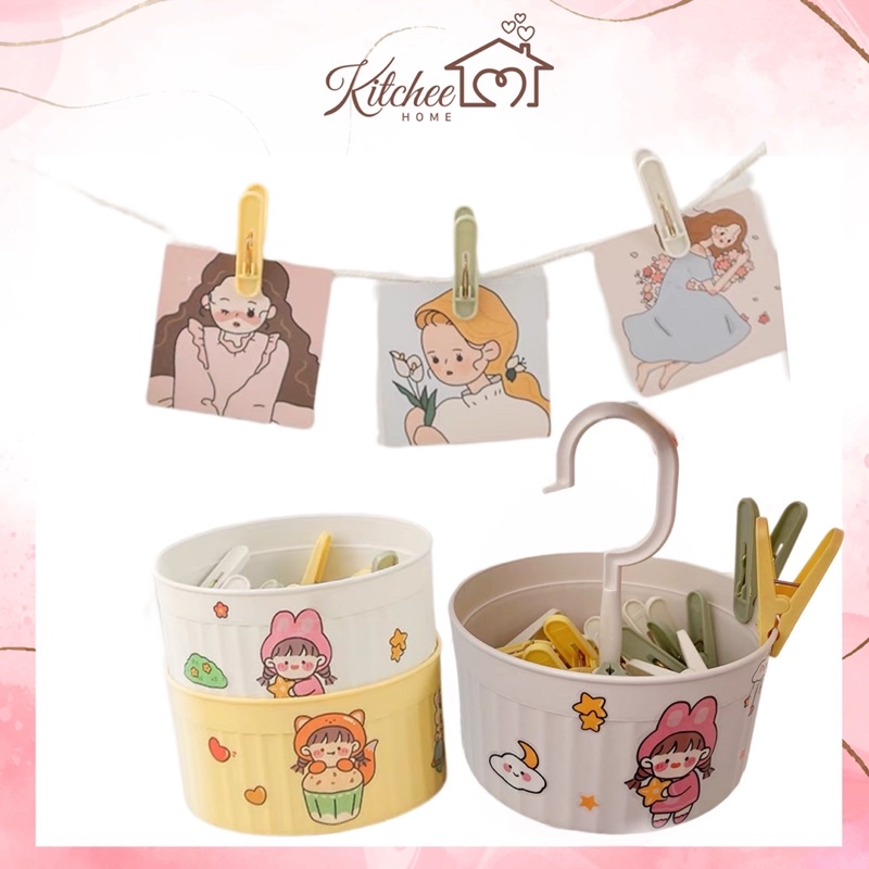 Set Giỏ Kèm 24 Kẹp Nhựa, Kẹp Treo Đồ Siêu Bền Tặng Kèm Sticker Cute