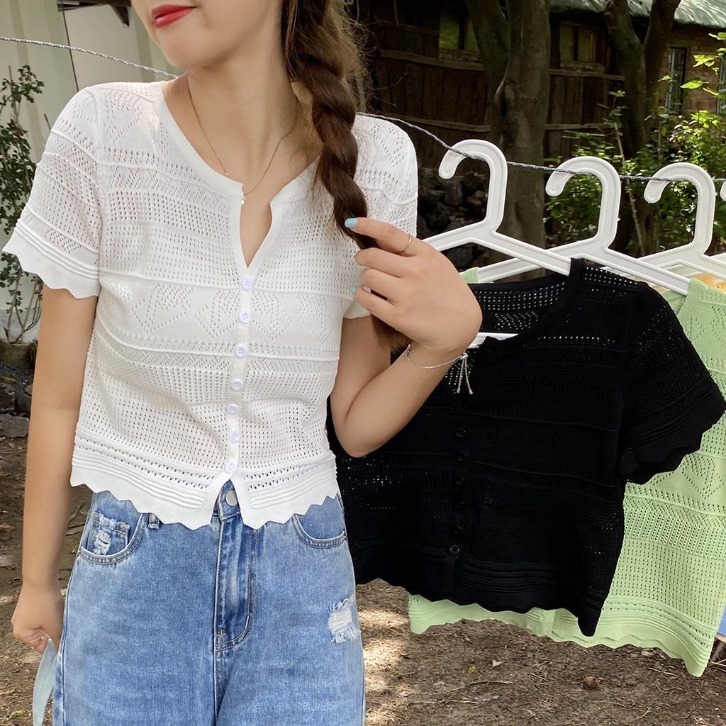 Áo Croptop Dệt Kim Tay Ngắn Cổ Chữ V Dáng Ôm Thời Trang Cho Nữ