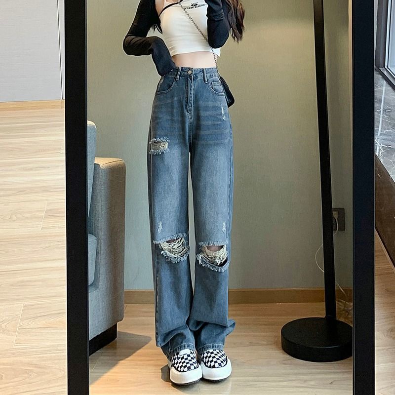 COZOKC COZOK Quần Jean Rách Ống Rộng Lưng Cao Thời Trang