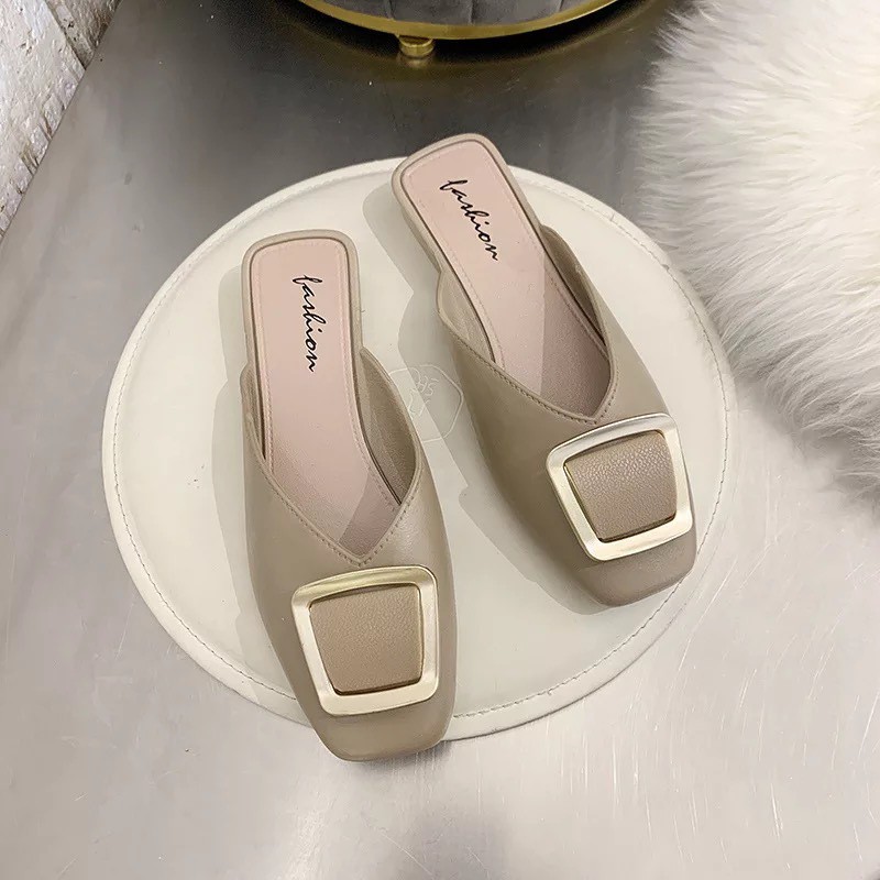 Square Buckle Slippers Women's Outer Wear New Fashion Casual Women's Shoes Muller SandalsinsToe Cap Semi Slipper Flip-Fl