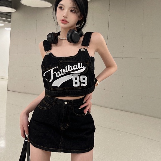 Set Áo Thun In Chữ + Chân Váy Denim Lưng Cao Phong Cách Hàn Quốc Thời Trang Cho Nữ