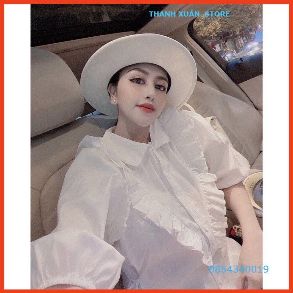 Váy Tay Lỡ Suông Cổ V Phối Viền Bèo Dáng Sơ Mi Trắng Style Retro sang trọng - Đầm Somi Trắng 👗💝-TXShop