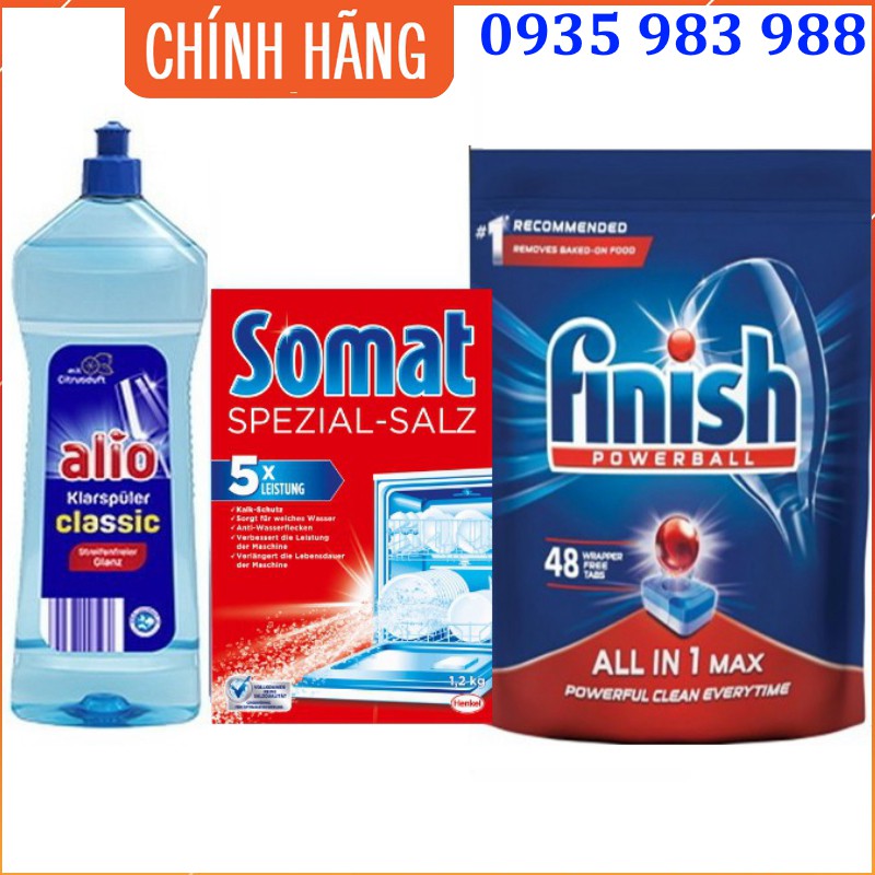 Combo viên rửa bát finish 48 viên + muối rửa bát Somat 1.2kg + Nước làm bóng alio 1 lít dùng cho máy rửa bát