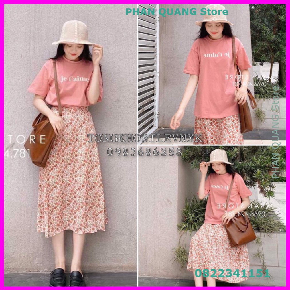 👗 (VNXK) SET ÁO THUN HỒNG JET 'AIME MIX CHÂN VÁY HOA VINTAGE DÁNG DÀI - CHÂN VÁY MIDI HOA NHÍ ULZZANG PQ-Shop