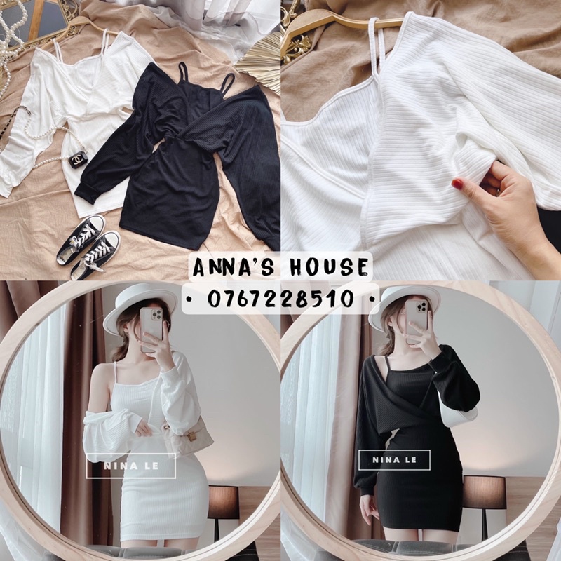 Set đầm len cổ tim lệch vai tay dài + áo 2 dây trong