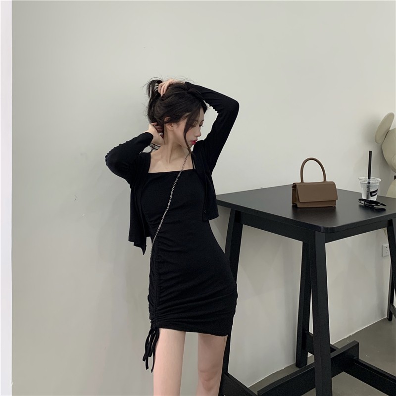 Váy 2 Dây Body Dây Rút Trơn Kèm Khoác LSEOUL V1203 Thoáng Mát Nữ Tính Năng Động