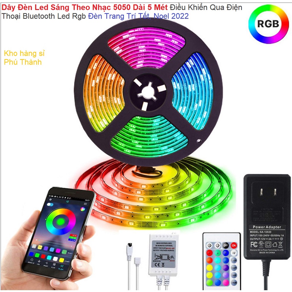 Dây Đèn Led Sáng Nhấp Nháy Theo Nhạc Dài 5 Mét Có Điều Khiển Qua Điện Thoại Bluetooth Led Rgb 5050 Nhiều Màu Sắc