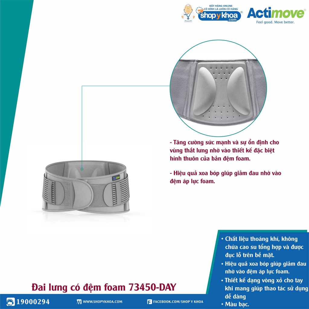 Đai Lưng Có Đệm Foam Giúp Xoa Bóp, Giảm Đau 73450-DAY, Màu Xám [Actimove] - Nhập Khẩu Chính Hãng Châu Âu