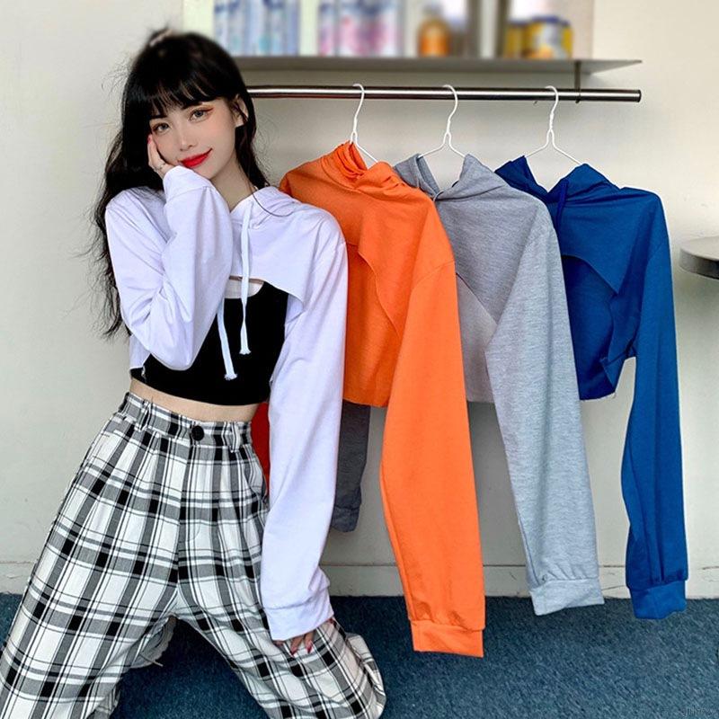 Áo Hoodie Lửng Dài Tay Phong Cách Hàn Quốc Năng Động Cho Nữ