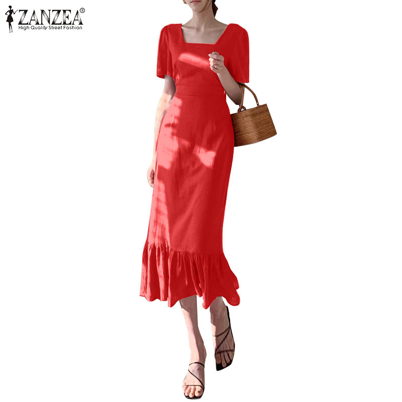 Đầm ZANZEA Ngắn Tay Cổ Vuông Ôm Dáng Phối Bèo Thanh Lịch Cho Nữ
