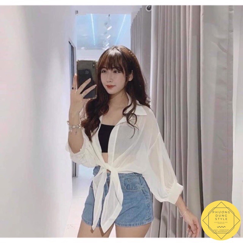 Áo Sơmi Voan Croptop Mỏng Mặc Khoác Ngoài