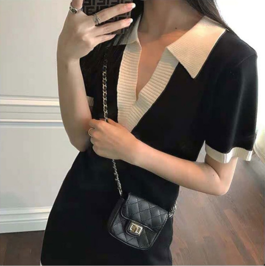 SUXI Đầm dệt kim ngắn tay cổ chữ V phong cách retro xinh xắn cho nữ