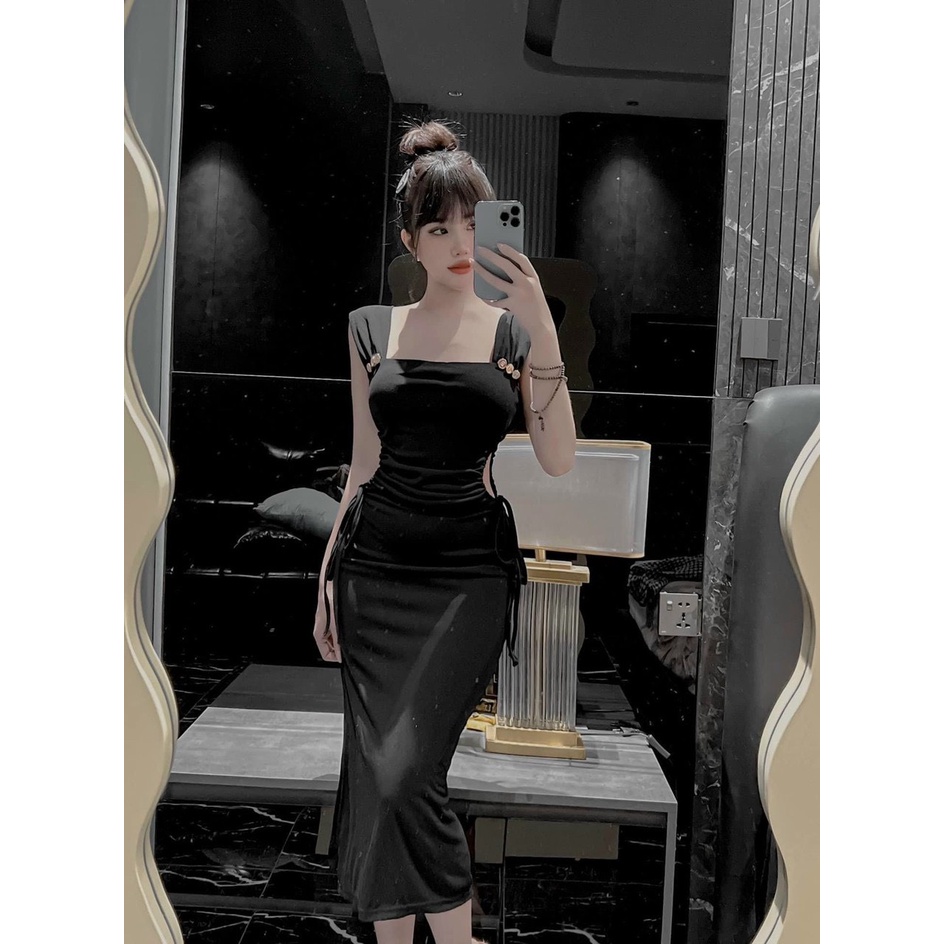 Đầm thời trang nữ mặc đi chơi, Đầm thun dân ôm body 2 dây đính nút vai phần eo rút dây gợi cảm sexy
