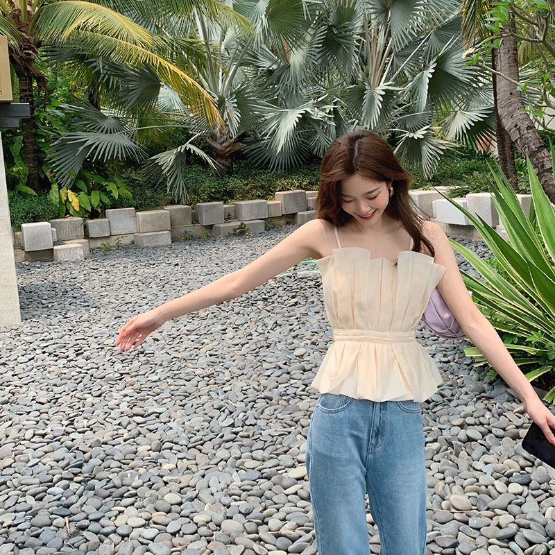 Áo hai dây tiểu thư thiết kế cách điệu có đệm ngực chất tơ Hàn sang chảnh  - ORCHAM