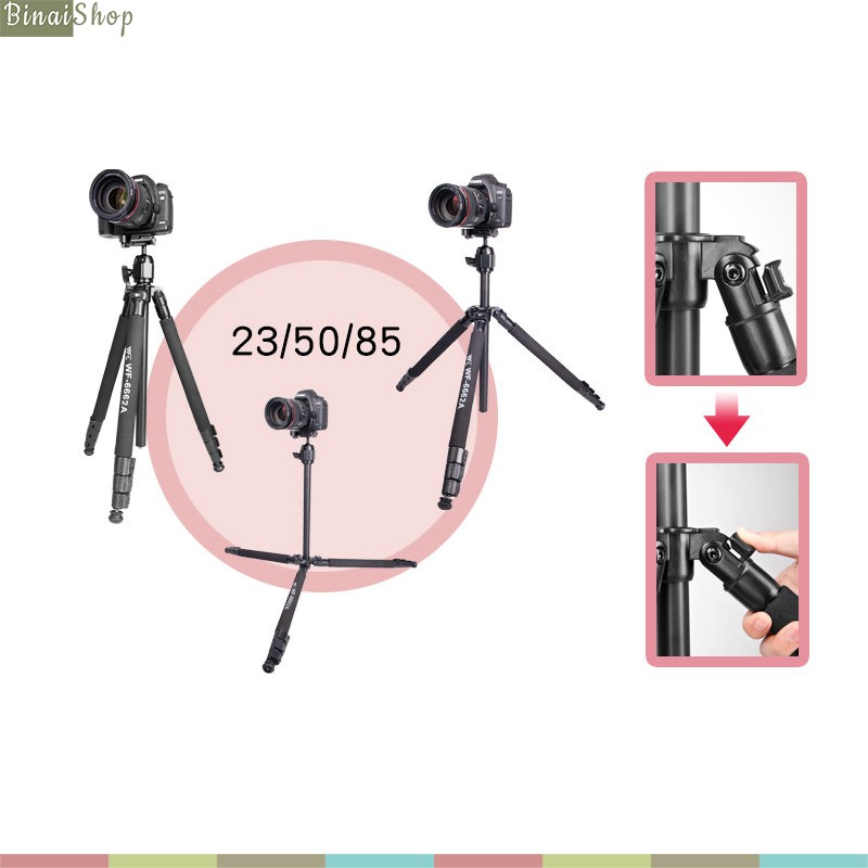 Weifeng WF-6662A - Tripod Máy Ảnh, Máy Quay, 3 Chân Chắc Chắn, 4 Nấc Chân Dễ Dàng Điều Chỉnh Độ Cao, Tải Trọng 8kg