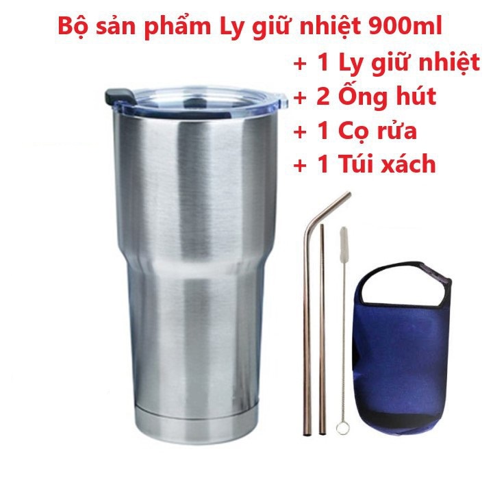 Cốc Giữ Nhiệt Thái Lan 900ml Chống Trào Tiện Lợi + Tặng Kèm Full Bộ Phụ Kiện Ống Hút Tái Sử Dụng Và Túi Đựng