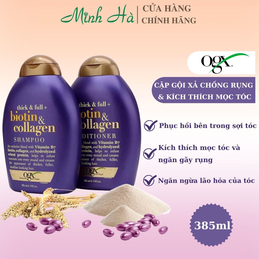 Combo 2 chai dầu gội xả Biotin Collagen Thick & Full OGX 385ml bản Mỹ dưỡng mọc tóc, giảm gãy rụng