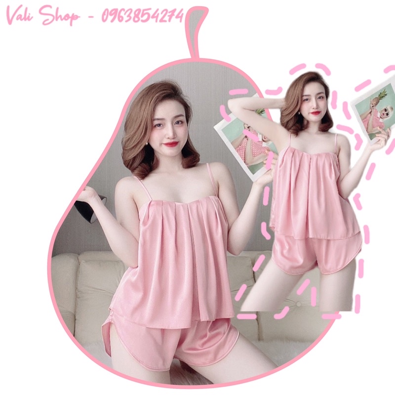 Đồ ngủ lụa latin 2 dây xếp ly quần lai cua freesize 42-57kg