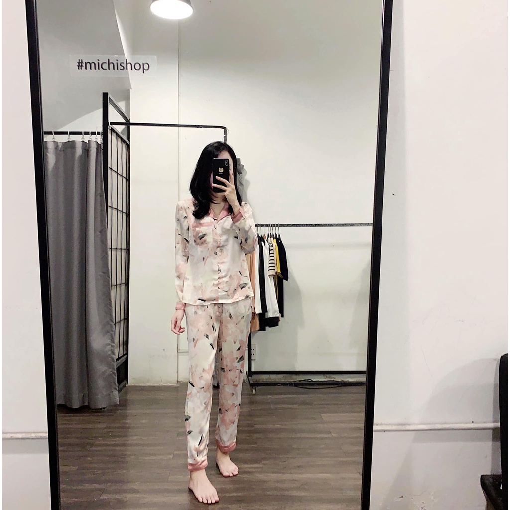 Set pyjama lụa dài tay hoa-83A06