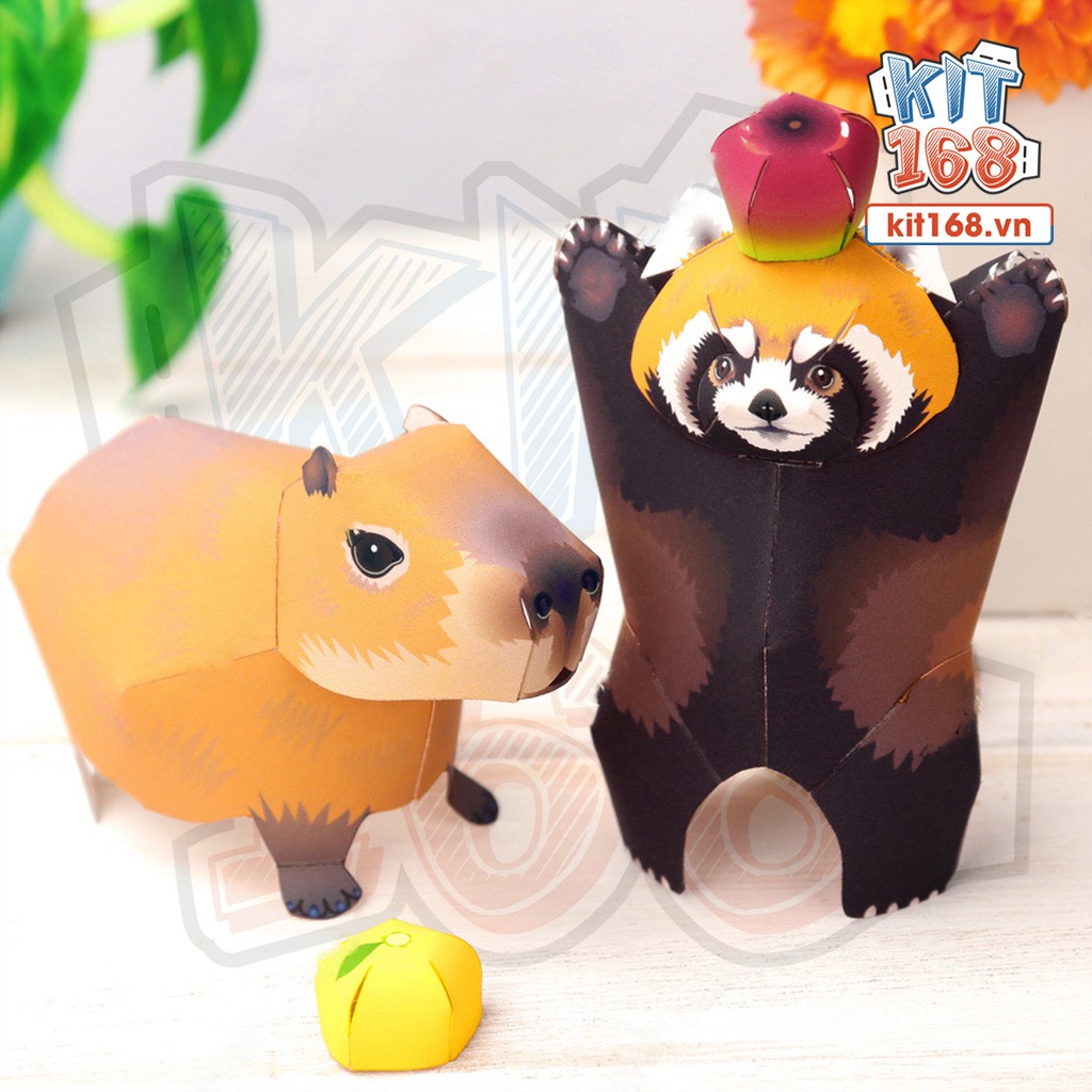 Mô hình giấy động vật Chuột Lang nước & Gấu Trúc đỏ mini