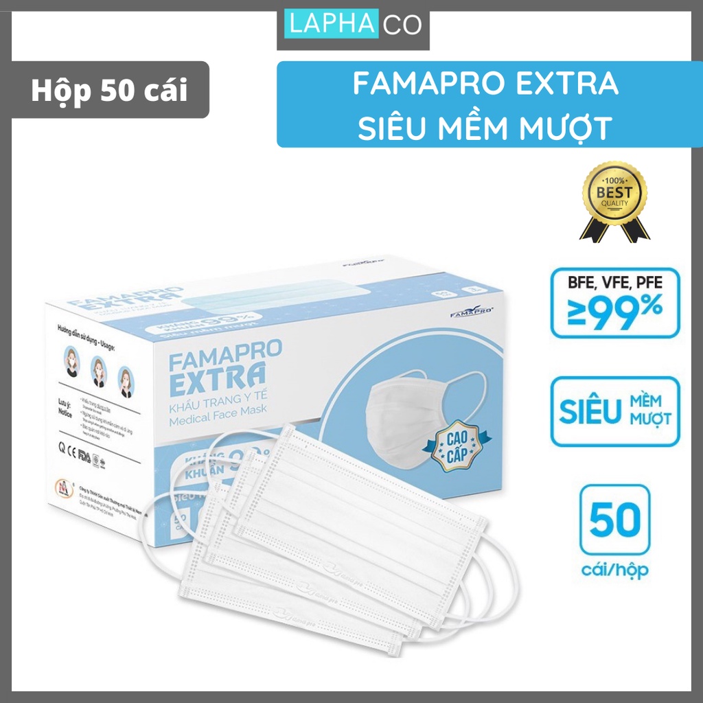 [Extra- HỘP 50 CÁI] Khẩu trang y tế kháng khuẩn 4 lớp Famapro Extra (50 cái/ hộp)