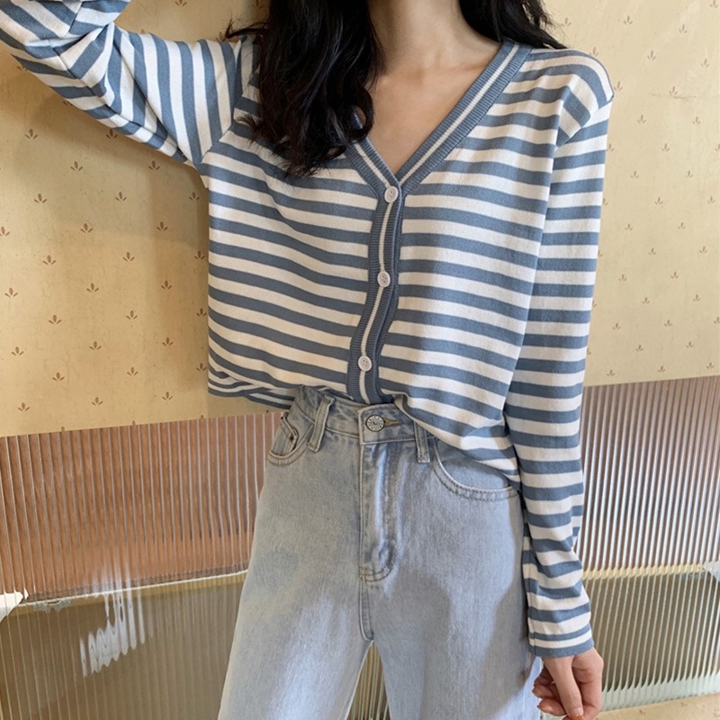 【ZHELIHANGFEI】Áo Cardigan Dệt Kim Tay Dài Dáng Rộng Lưng Cao Họa Tiết Kẻ Sọc Dễ Phối Đồ