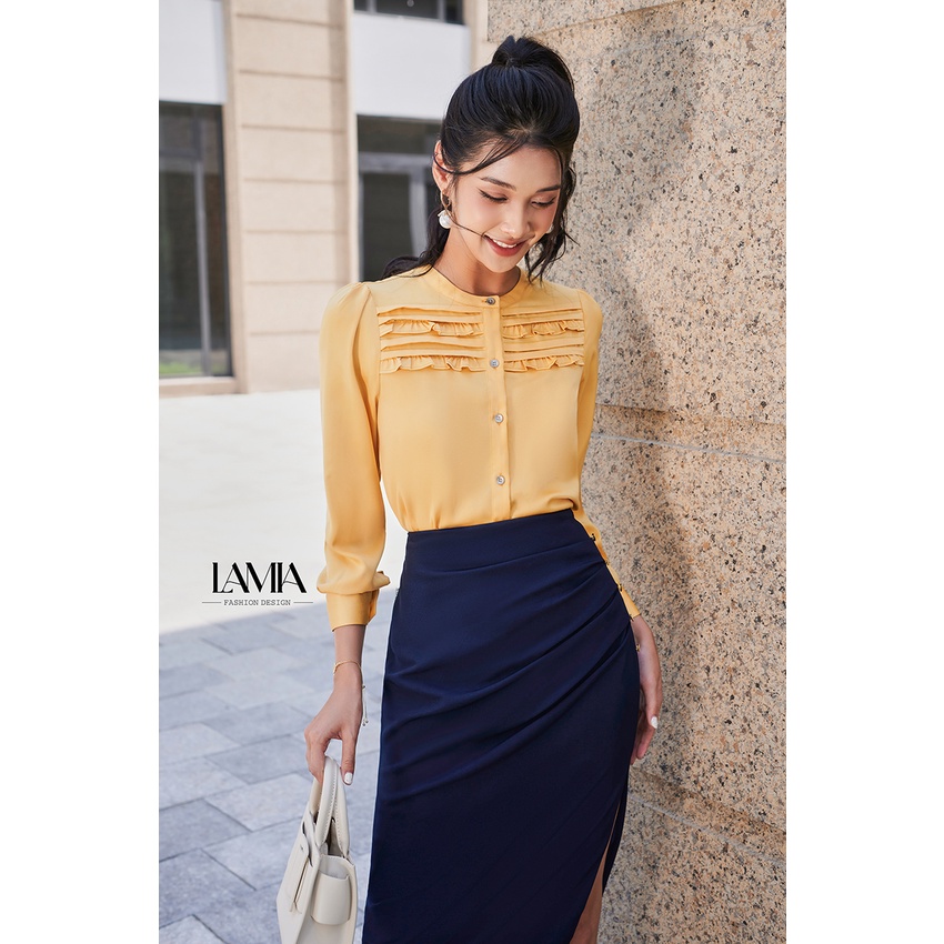 Áo sơ mi nữ Lamia Design LA305 lụa Hàn Quốc màu vàng xếp ly ruffles đối xứng cách điệu