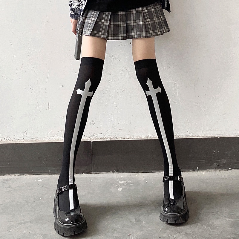 Japanese Harajuku Long Socks Festival Party Cross Cosplay Black Stockings Dark Gothic Y2K Knee Thigh Socks for Women's Skirts