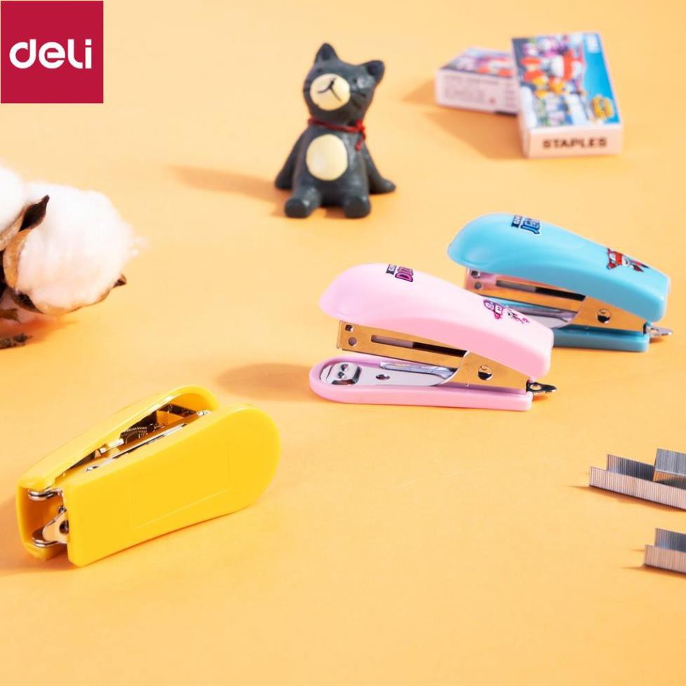 Dập ghim mini #10 Deli Superwings bao gồm hộp ghim Xanh - Hồng - Vàng E0249 [Deli]