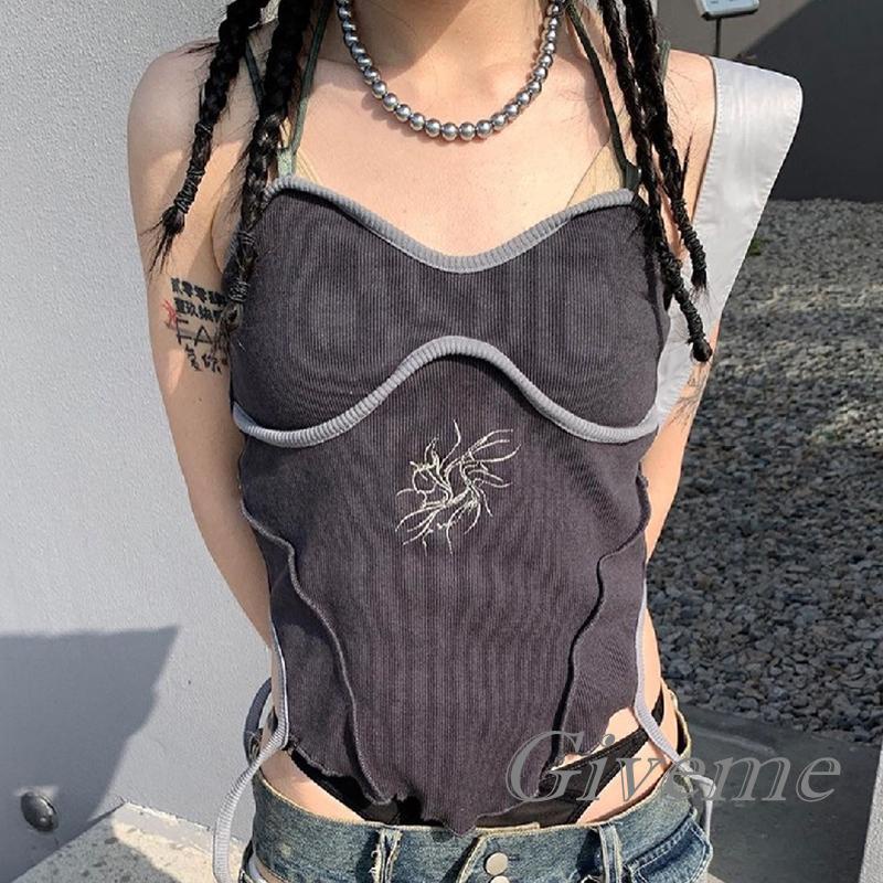 Áo Crop Top Không Tay Hở Lưng Dáng Ôm In Họa Tiết Thời Trang Cho Nữ