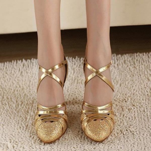 Giày khiêu vũ bít mũi 2 vàng ánh kim mẫu mới 7cm QV