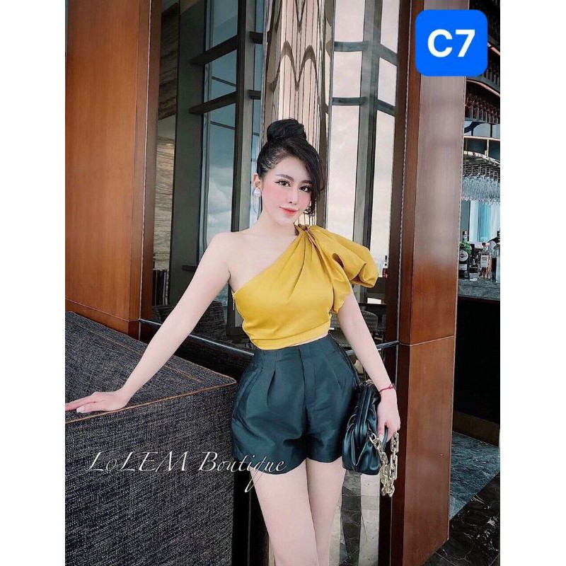 Áo tay phồng lệch vai dây kéo hông
