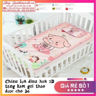 [pet_shop]Chiếu lụa trẻ em cao cấp 3D in hình tặng kèm gối thảo dược cho bé