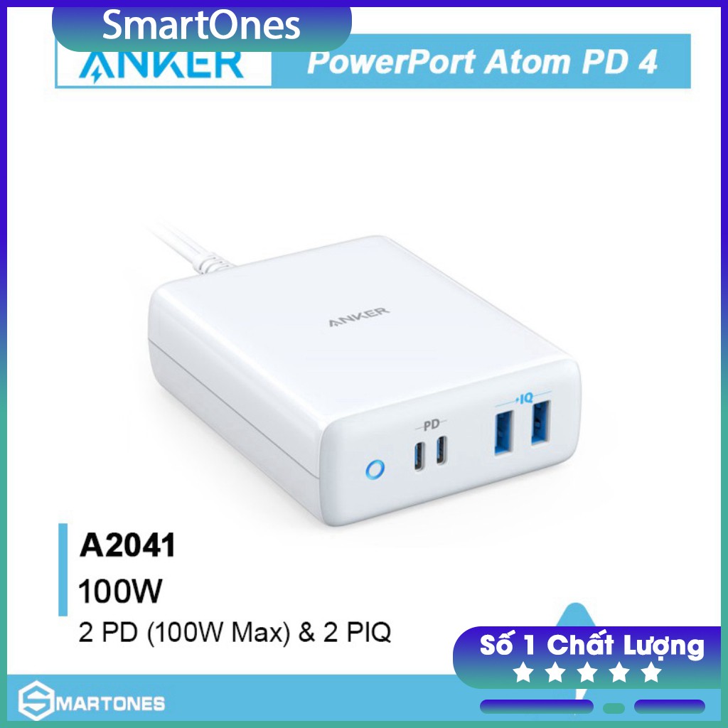 Sạc Anker PowerPort Atom PD 4 công suất 100W (2 PD & 2 PIQ) - A2041 cho điện thoại và laptop