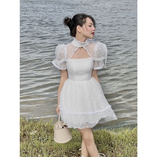 Somee studio Apricot dress Váy tơ xước hoa trắng
