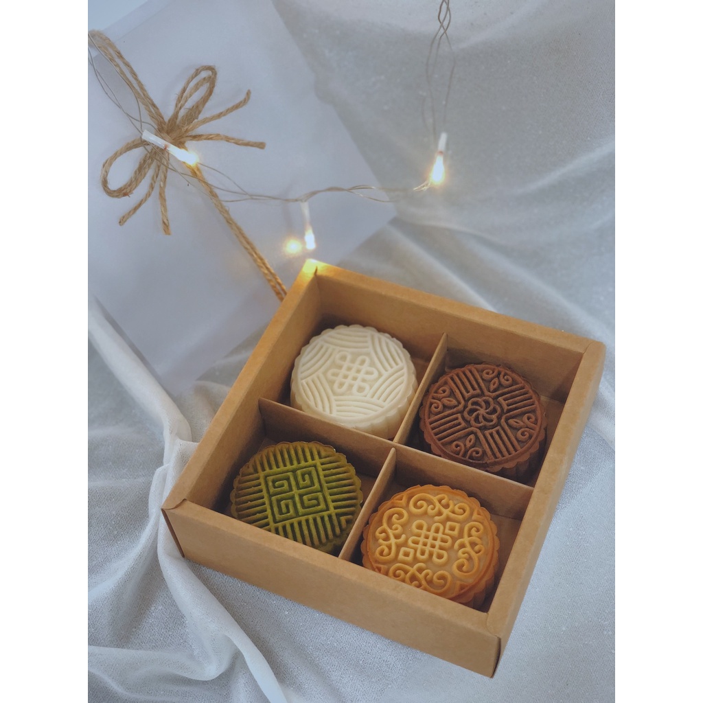 [QP-G] SET 5 Cái hộp giấy vuông kraft loại 4 ngăn và 6 ngăn đựng bánh kèm nắp nhựa mica mờ