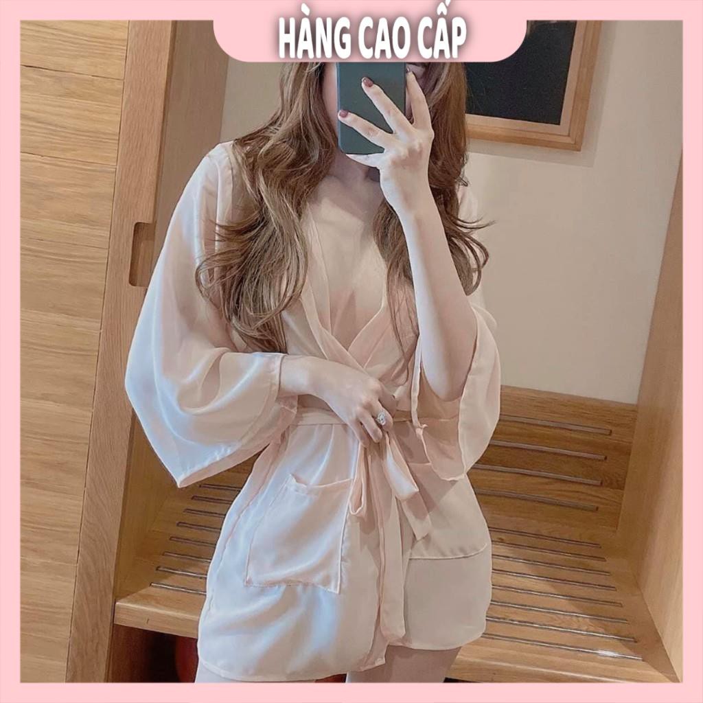 Váy ngủ xuyên thấu gợi cảm áo choàng sexy kiểu kimono tay dài có túi xinh xắn | BigBuy360 - bigbuy360.vn