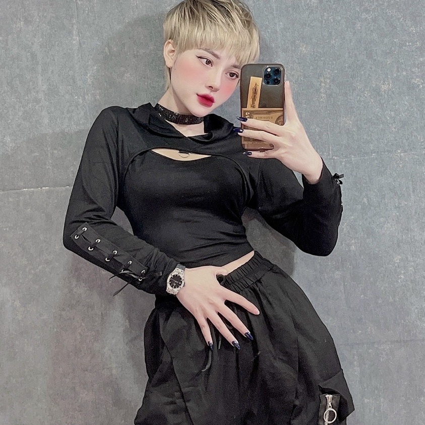 Áo Croptop Có Mũ Freesize Cá Tính Ảnh Chụp Thật