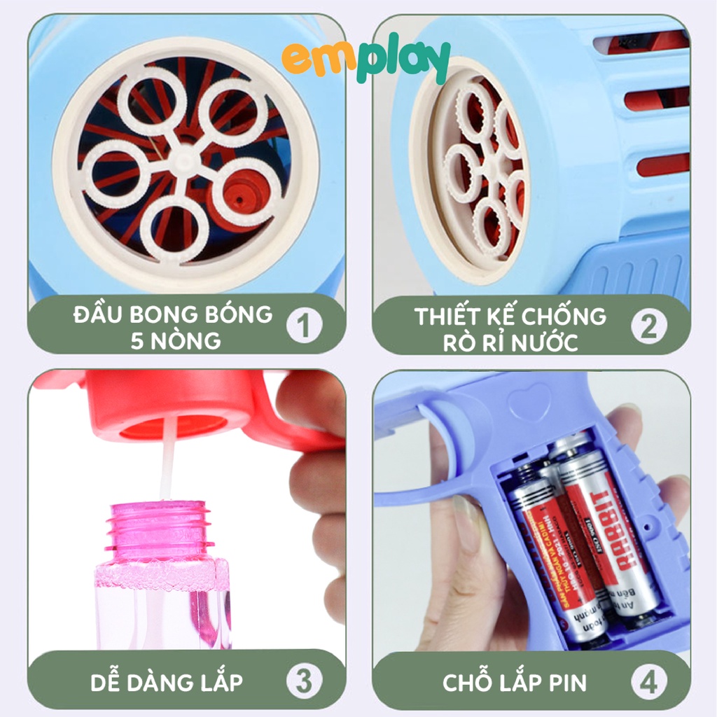 Súng bắn bong bóng xà phòng đồ chơi Emplay cho bé thiết kế 5 nòng cỡ bự cao cấp có đèn và nhạc, làm từ nhựa ABS cao cấp