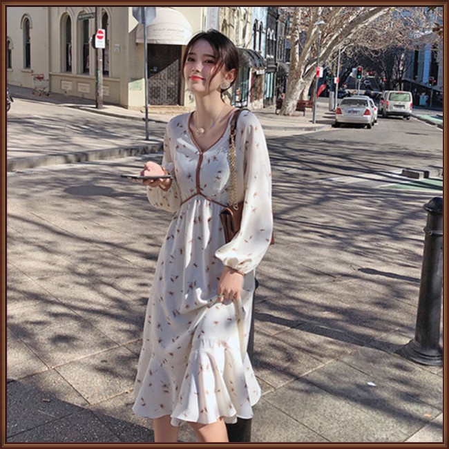 Đầm Midi Chiffon Tay Dài Dáng Ôm In Họa Tiết Hoa Ngọt Ngào Xinh Xắn Cho Nữ