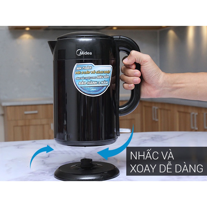 Ấm siêu tốc MIDEA MK-317DB 1.7L , bình đun nước siêu tốc chất liệu inox bọc nhựa 2 lớp chống nóng