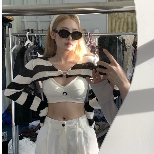 QKOOLE  Áo Lửng Tay Dài Họa Tiết Sọc Vintage Thời Trang Cho Nữ