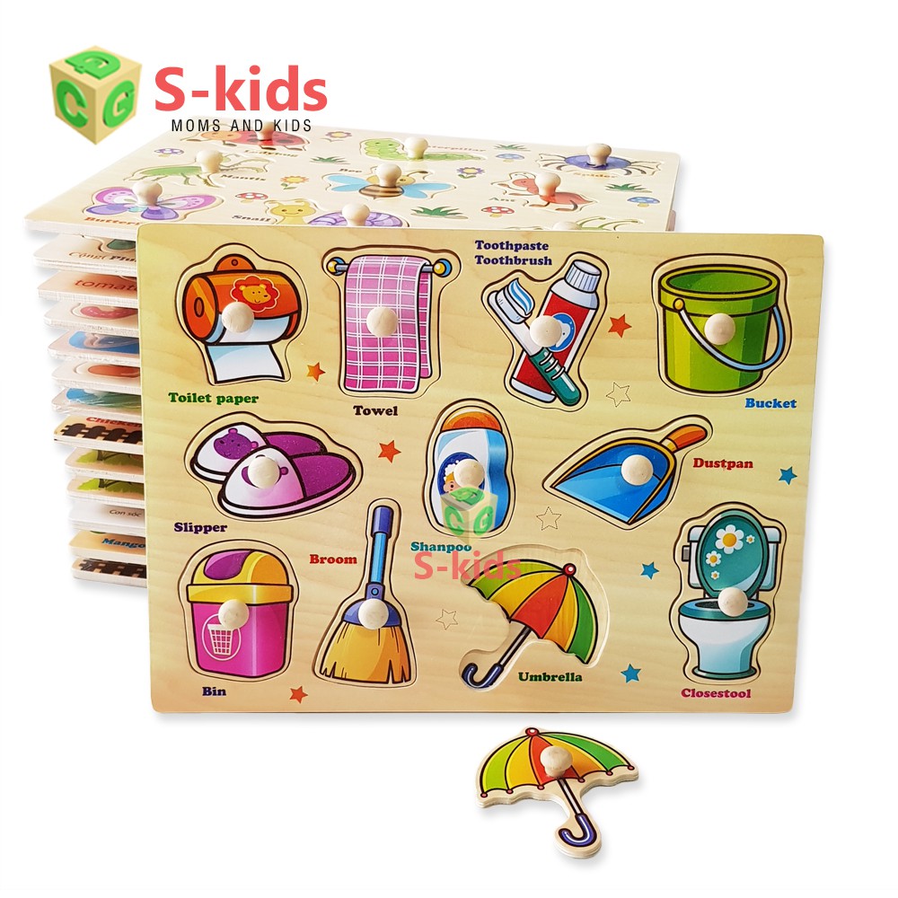 Đồ Chơi Ghép Hình S-Kids, Combo 3 Bảng Núm Gỗ.