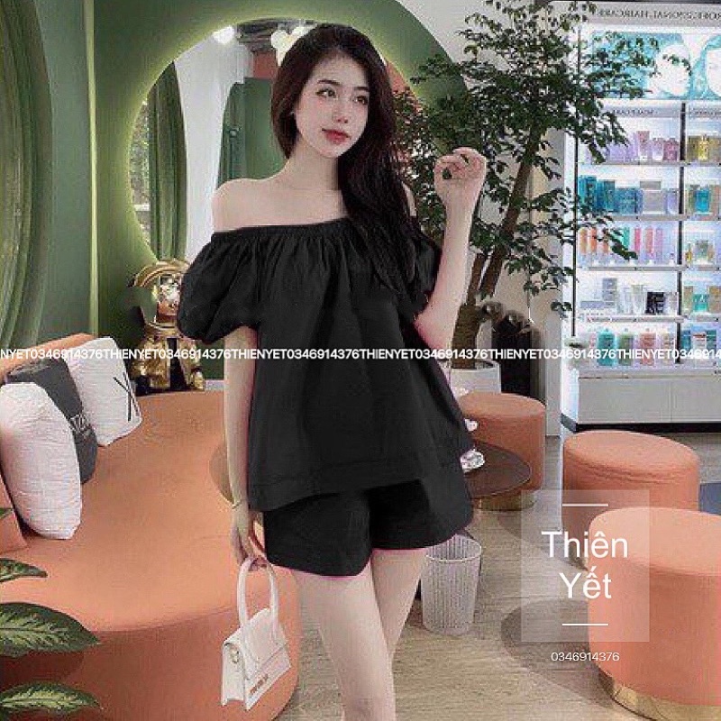 Sét bộ áo trễ vai tay bồng kèm quần sooc đùi 3 màu hồng cam đen siêu xinh chất kate xịn chuẩn ảnh