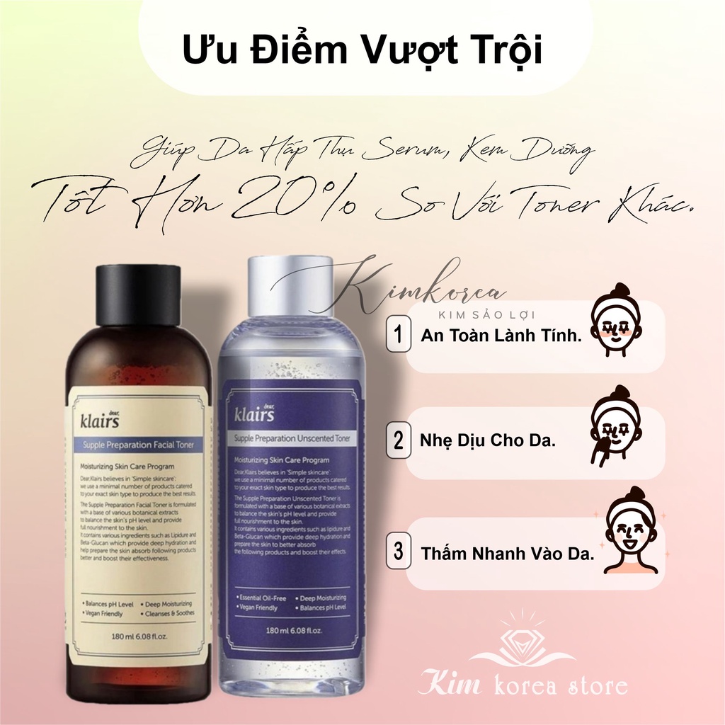 Nước hoa hồng dịu nhẹ thoáng da không hương liệu cho da nhạy cảm Toner Klairs Supple Preparation mẫu mới HÀNG AUTH